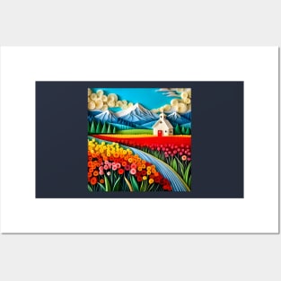 Swirly Quilled Fantasy Field of Multicolor Flowers and Mountains Posters and Art